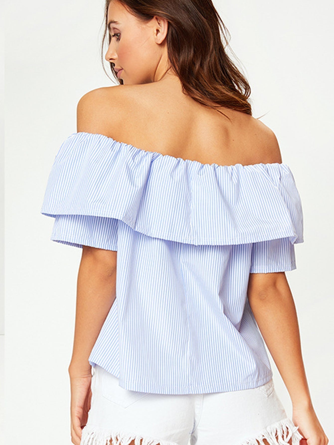 Off shoulder embroidered rose STRIPE T-shirt