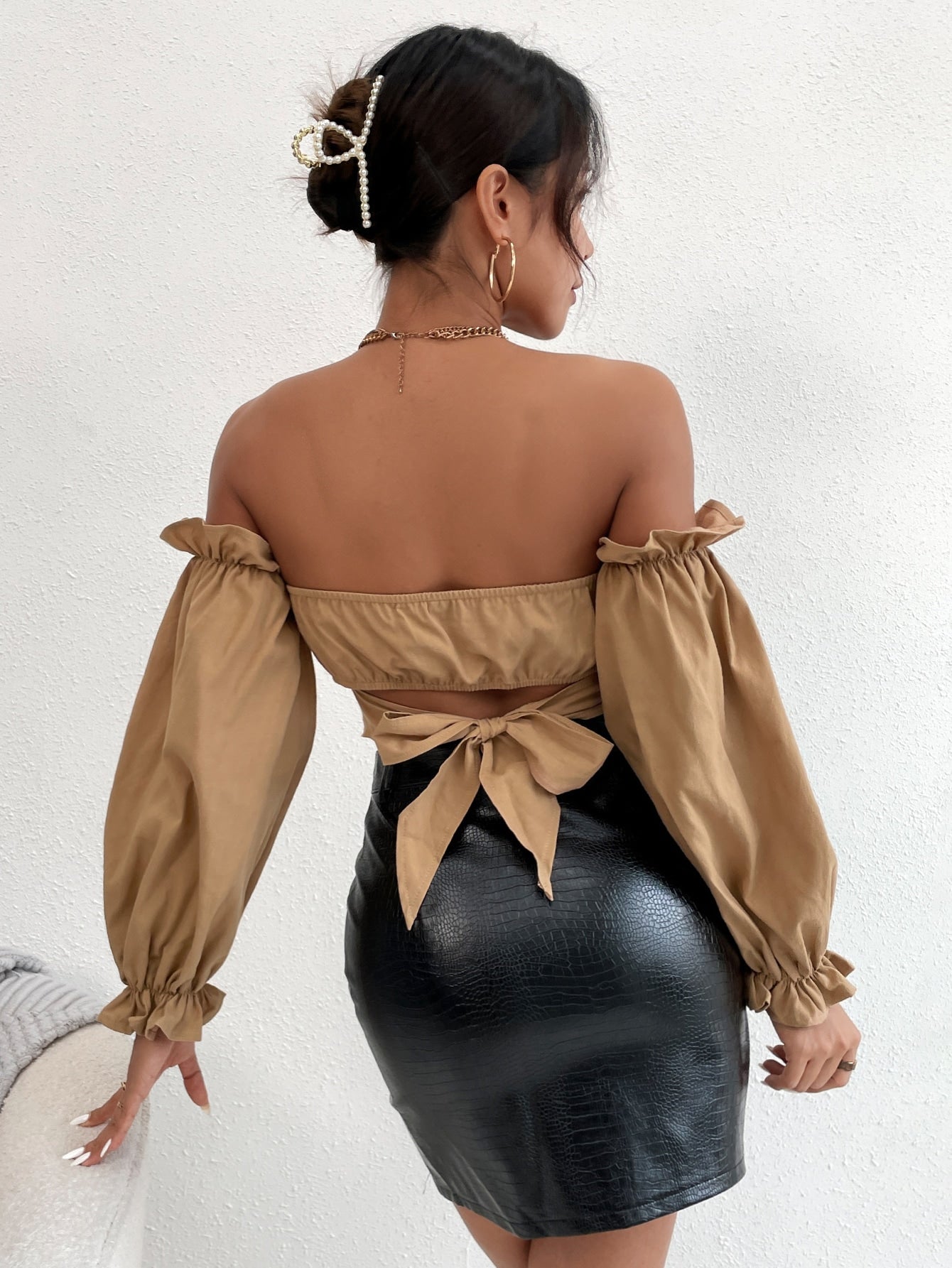 Off-the-Shoulder Peasant Sleeve Self-Tie Crop Top