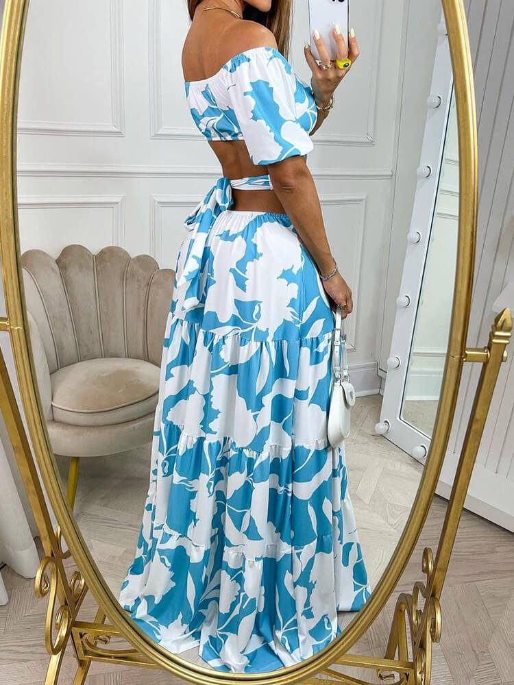 Off Shoulder Puff Sleeve Side Cut Out Tiered Maxi Dress