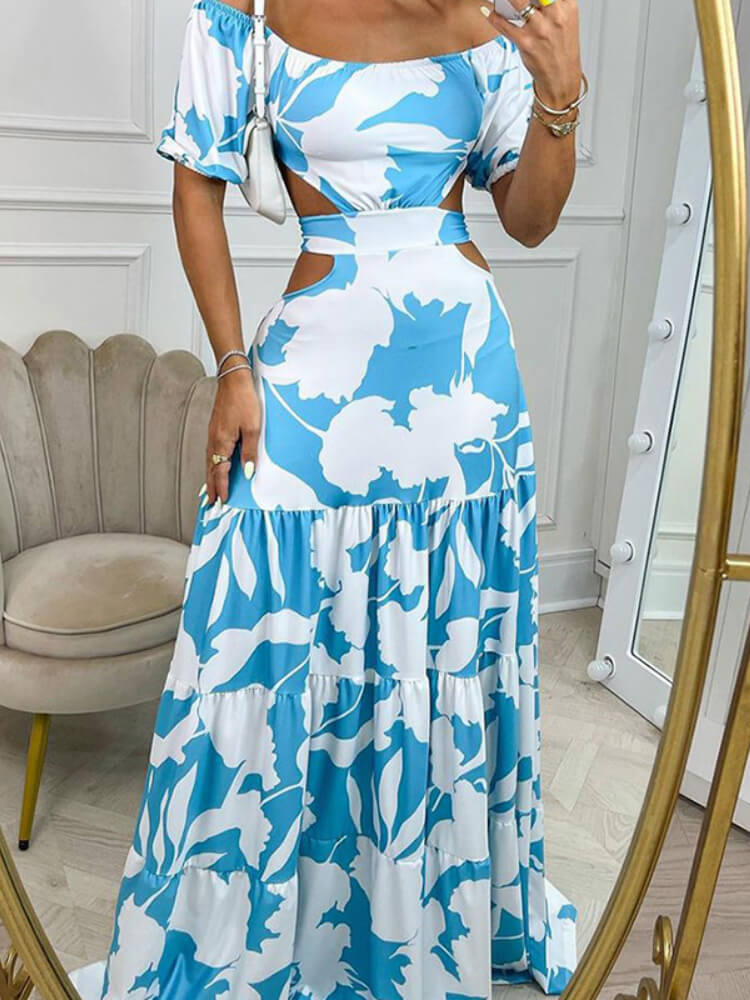 Off Shoulder Puff Sleeve Side Cut Out Tiered Maxi Dress