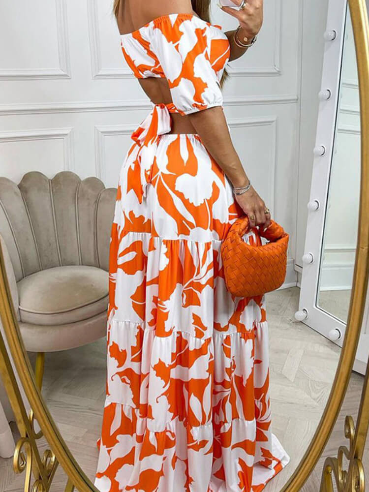 Off Shoulder Puff Sleeve Side Cut Out Tiered Maxi Dress