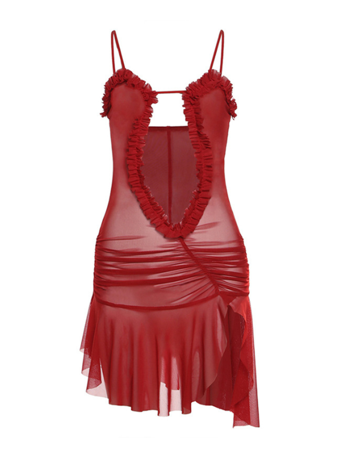 Ruched Printed Mesh Dress In Red - View 7