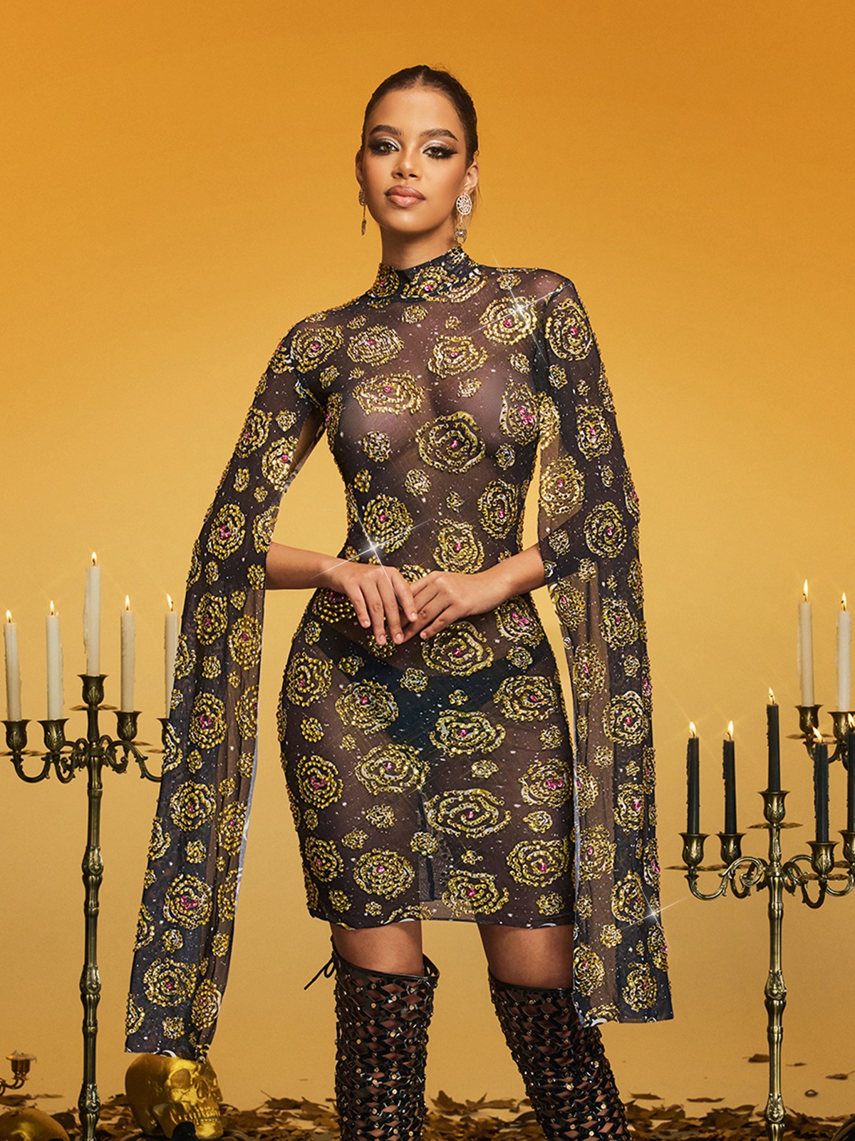 Cape Sleeve Rose Rhinestone Mini Dress - View 2