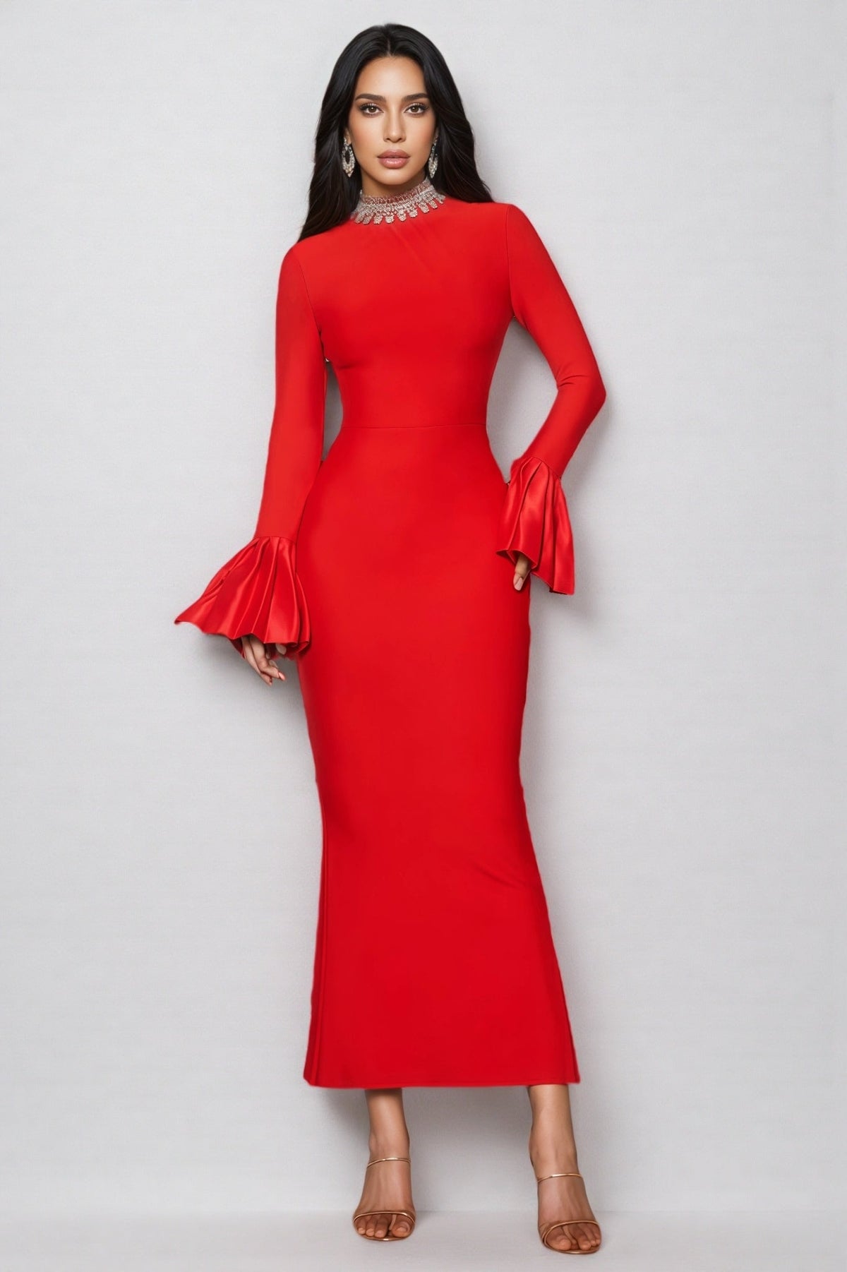 Round Neck Long Sleeve Ruffle Cuff Bandage Maxi Dress 2