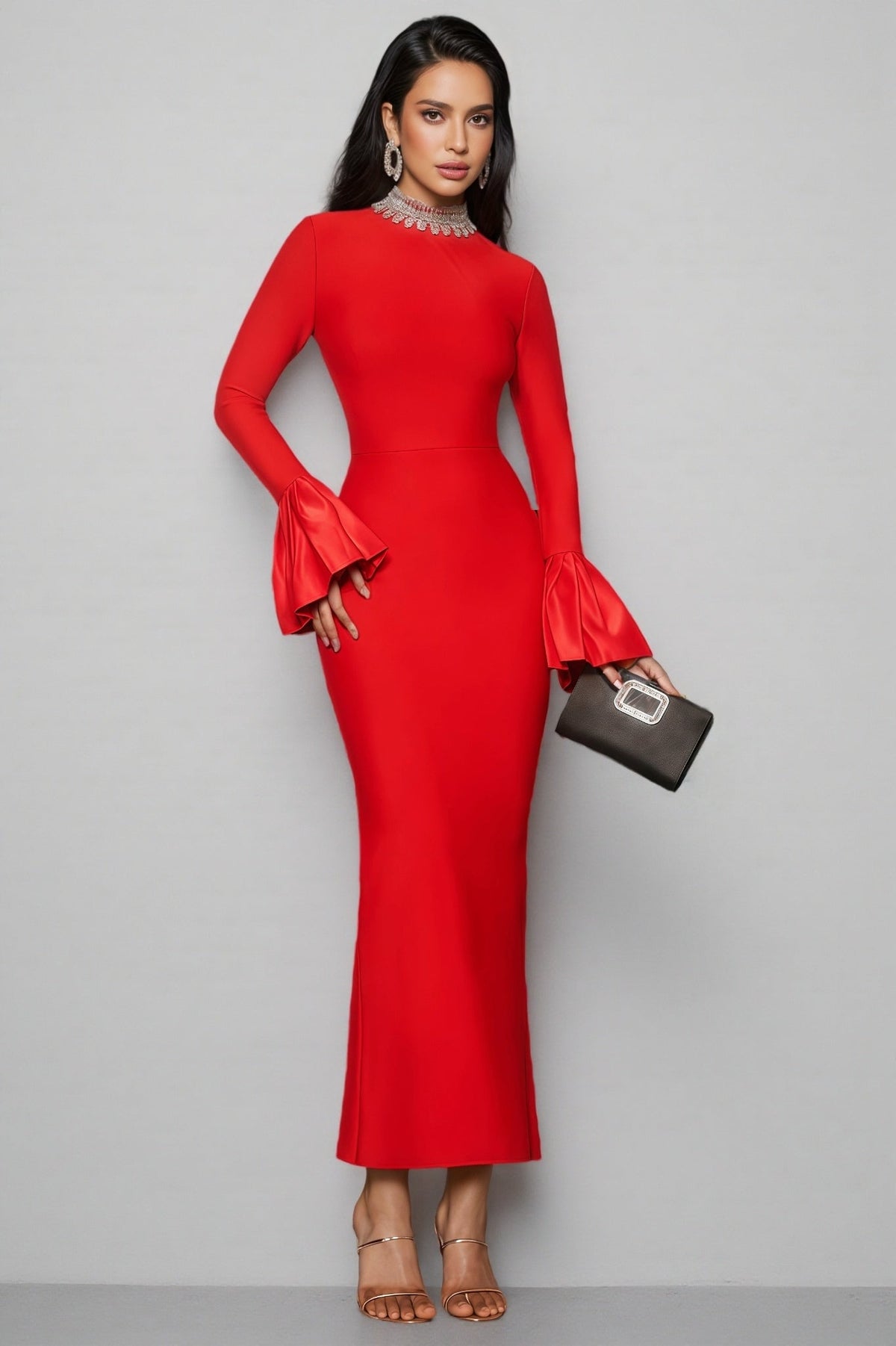 Round Neck Long Sleeve Ruffle Cuff Bandage Maxi Dress