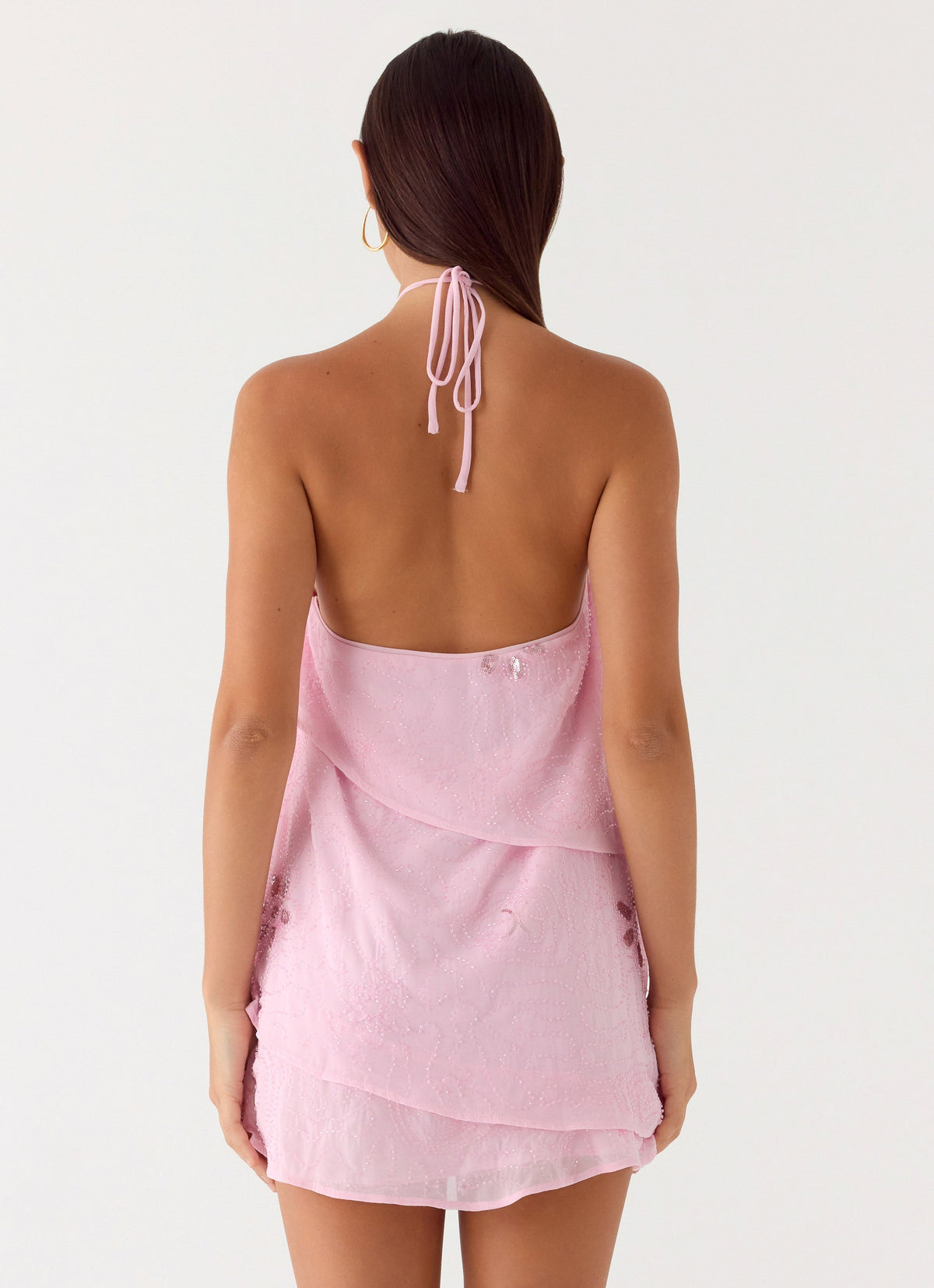 Beaded Chiffon Halter Cowl Neck Layered Ruffle Mini Dress 2