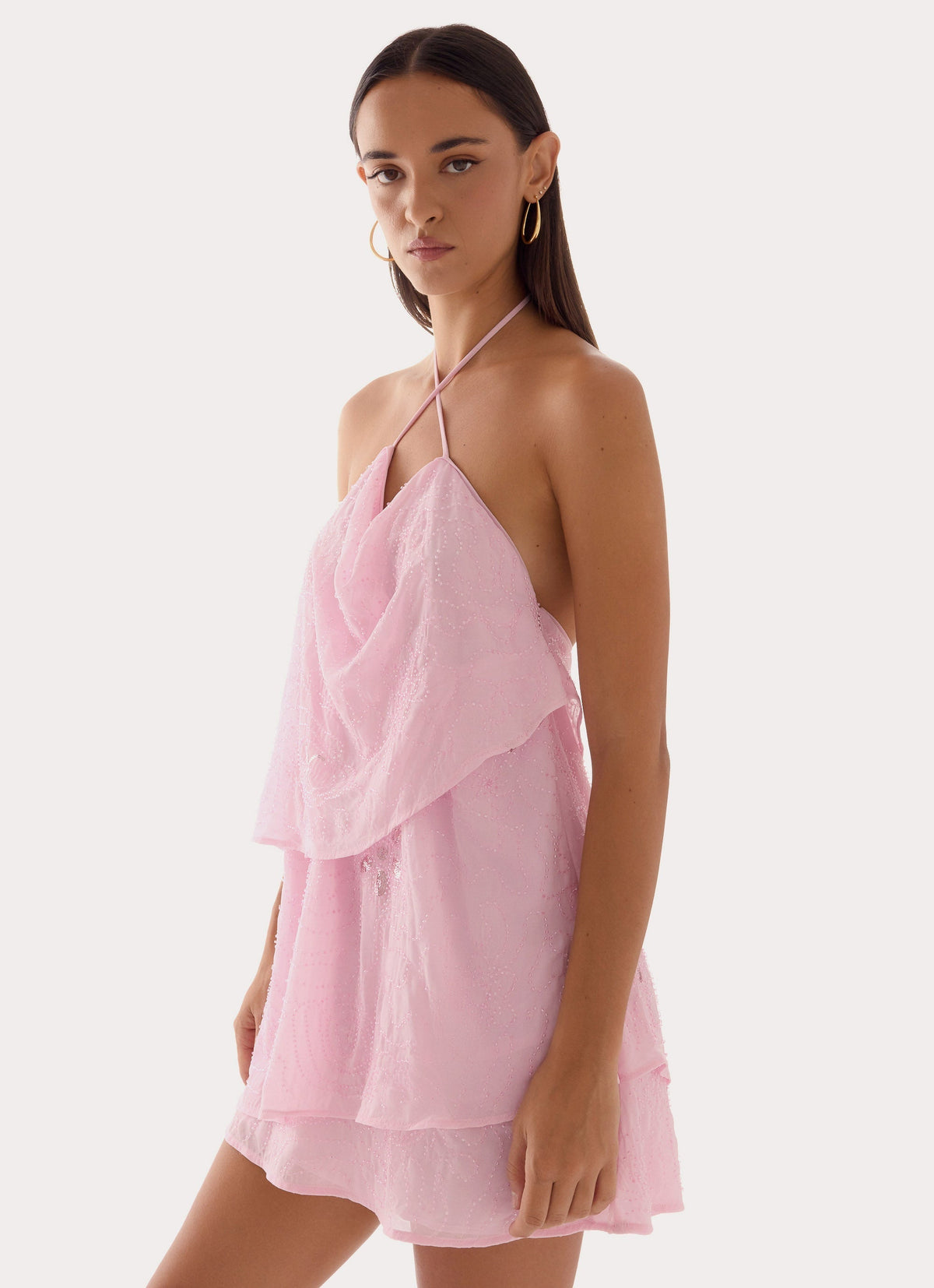 Beaded Chiffon Halter Cowl Neck Layered Ruffle Mini Dress 4