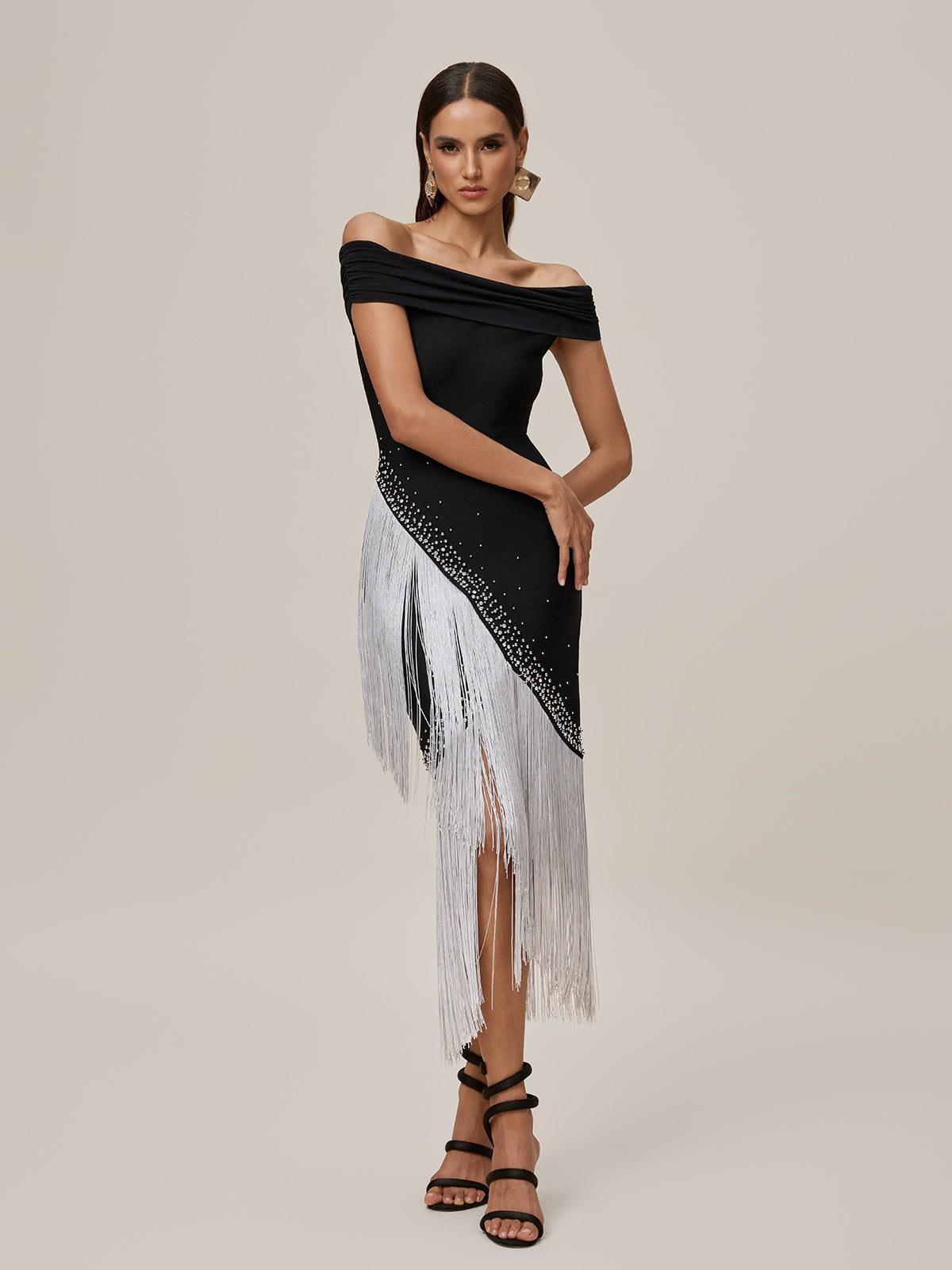 Off Shoulder Fringe Bandage Midi Dress - View 5