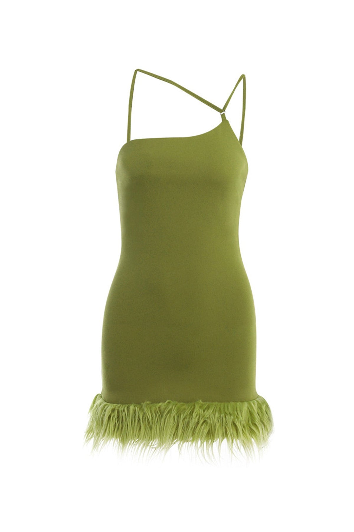 Asymmetric Strap Faux Feather Hem Bodycon Mini Party Dress 7