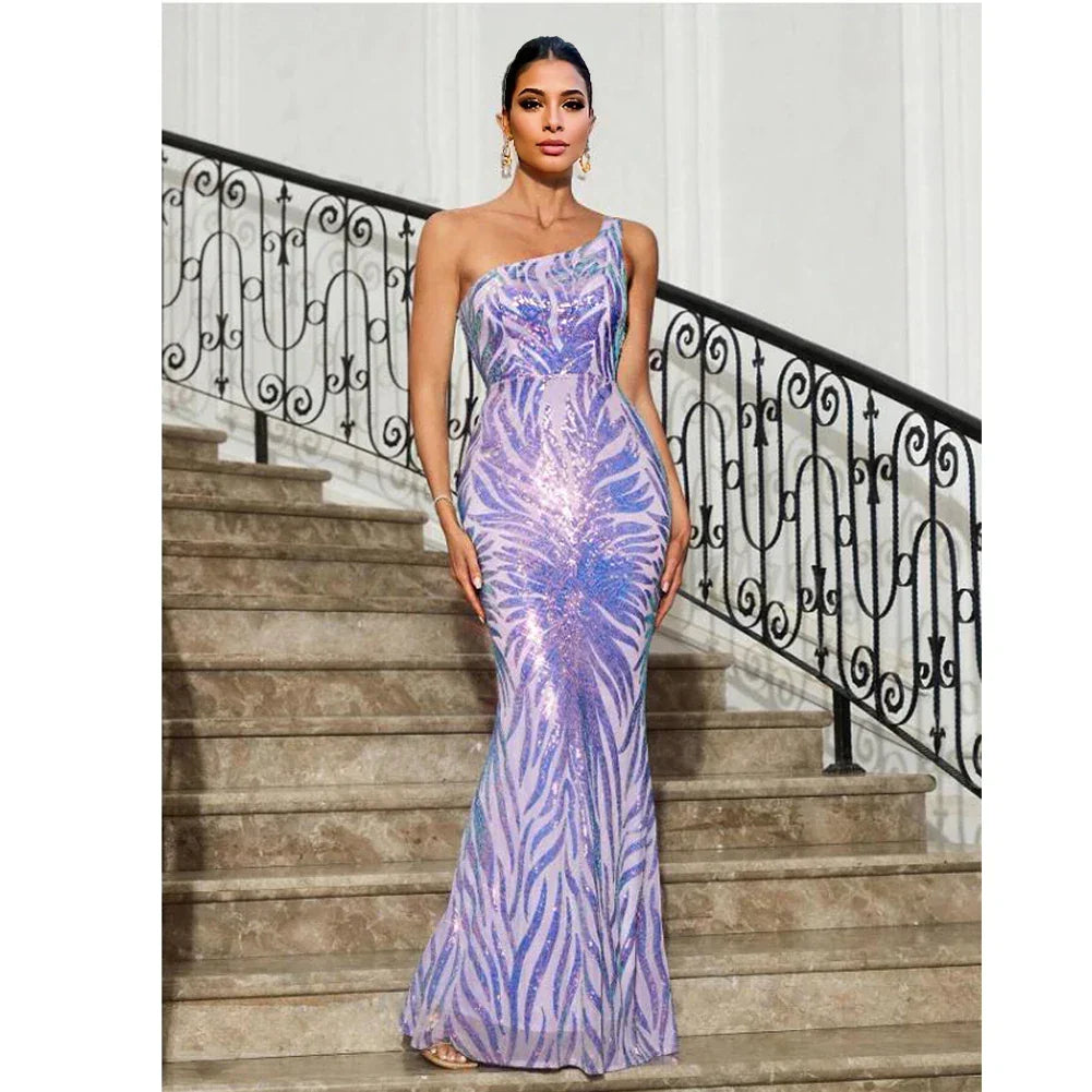 One-Shoulder Sequined Party Dress Lavender / S Partydress-241208