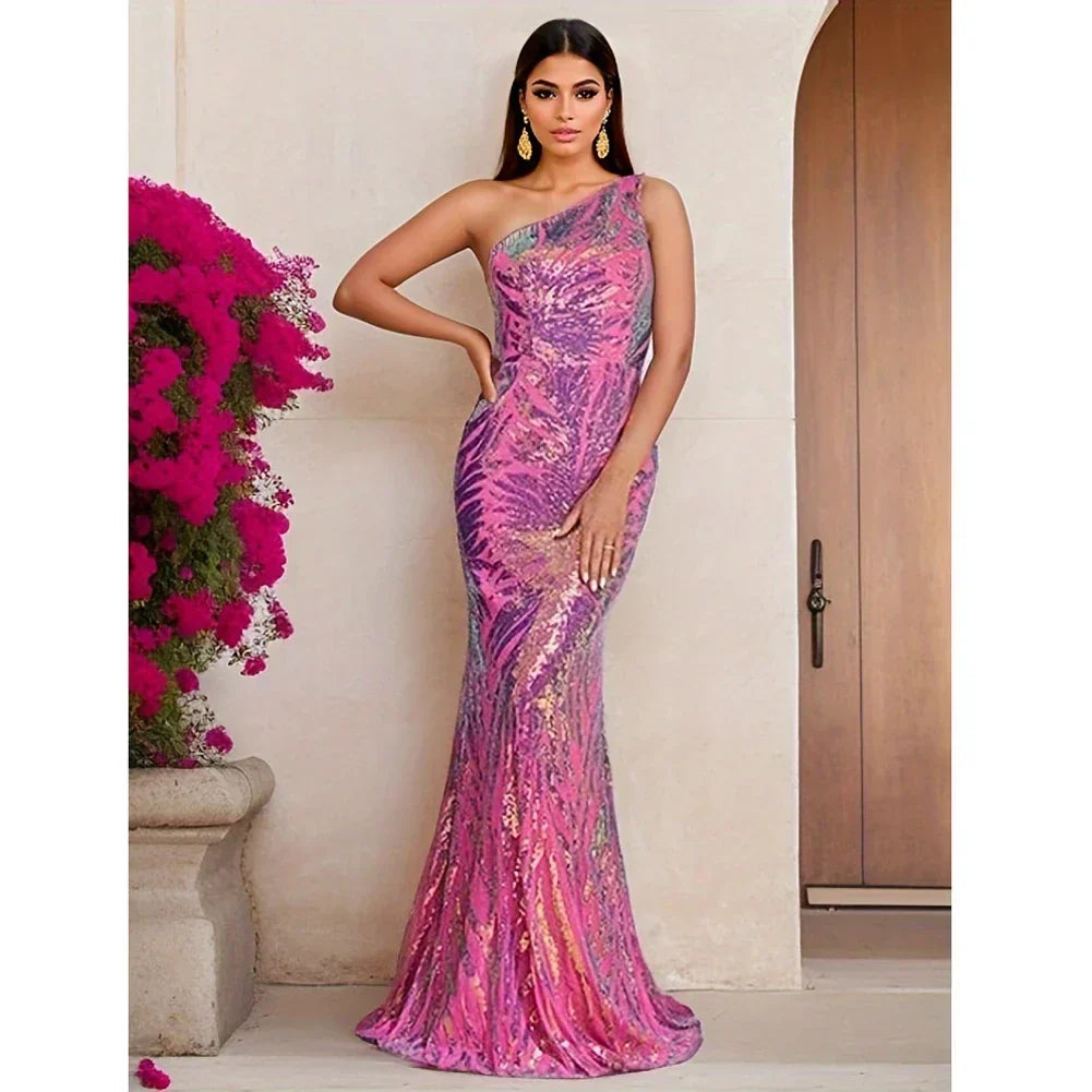 Iridescent Sequin One Shoulder Sleeveless Bodycon Maxi Dress 9