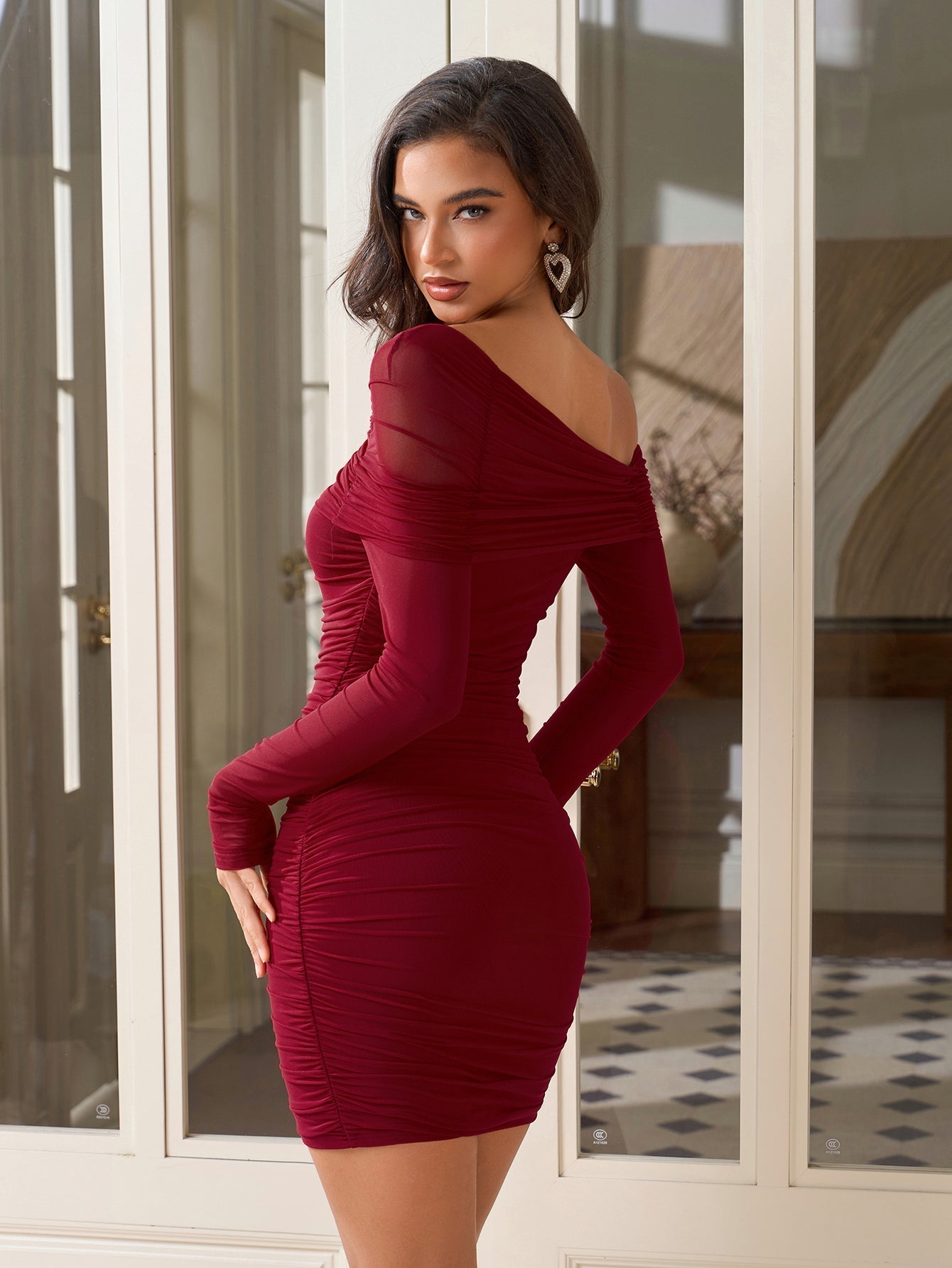 Mesh One Shoulder Long Sleeve Ruched Bodycon Mini Dress
