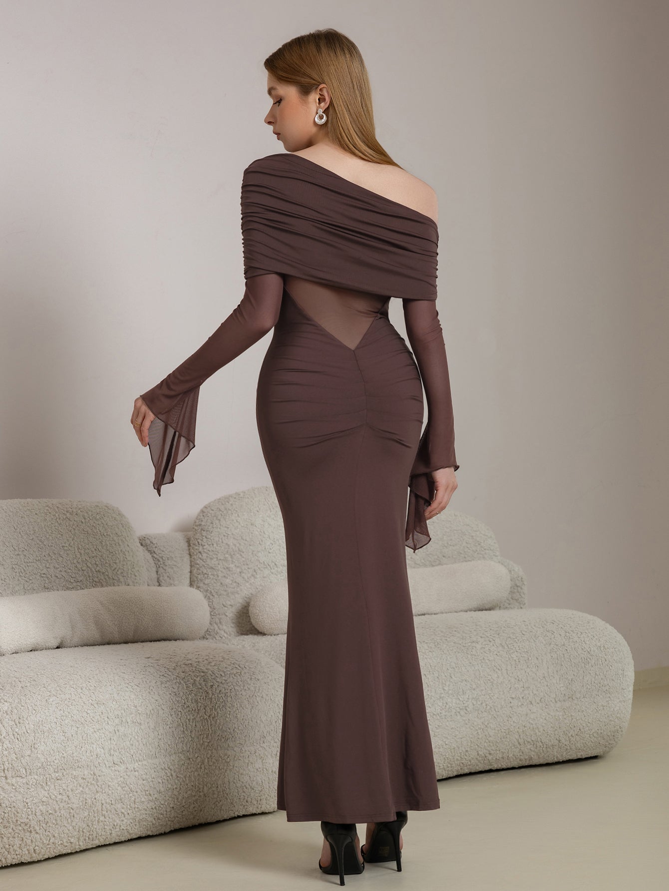 One Shoulder Spliced Ruched Trim Mermaid Mesh Dress - View 2