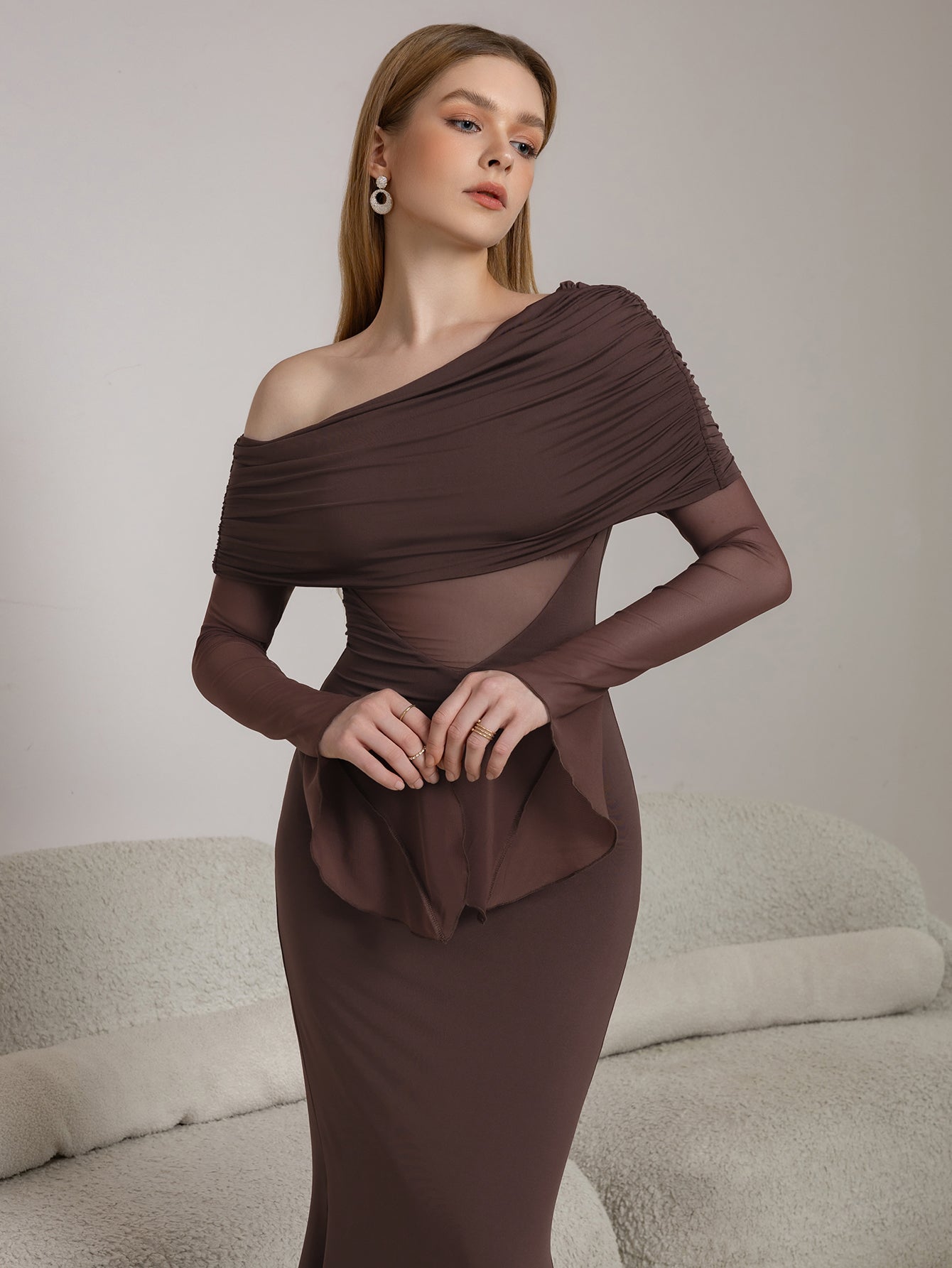 One Shoulder Spliced Ruched Trim Mermaid Mesh Dress - View 6