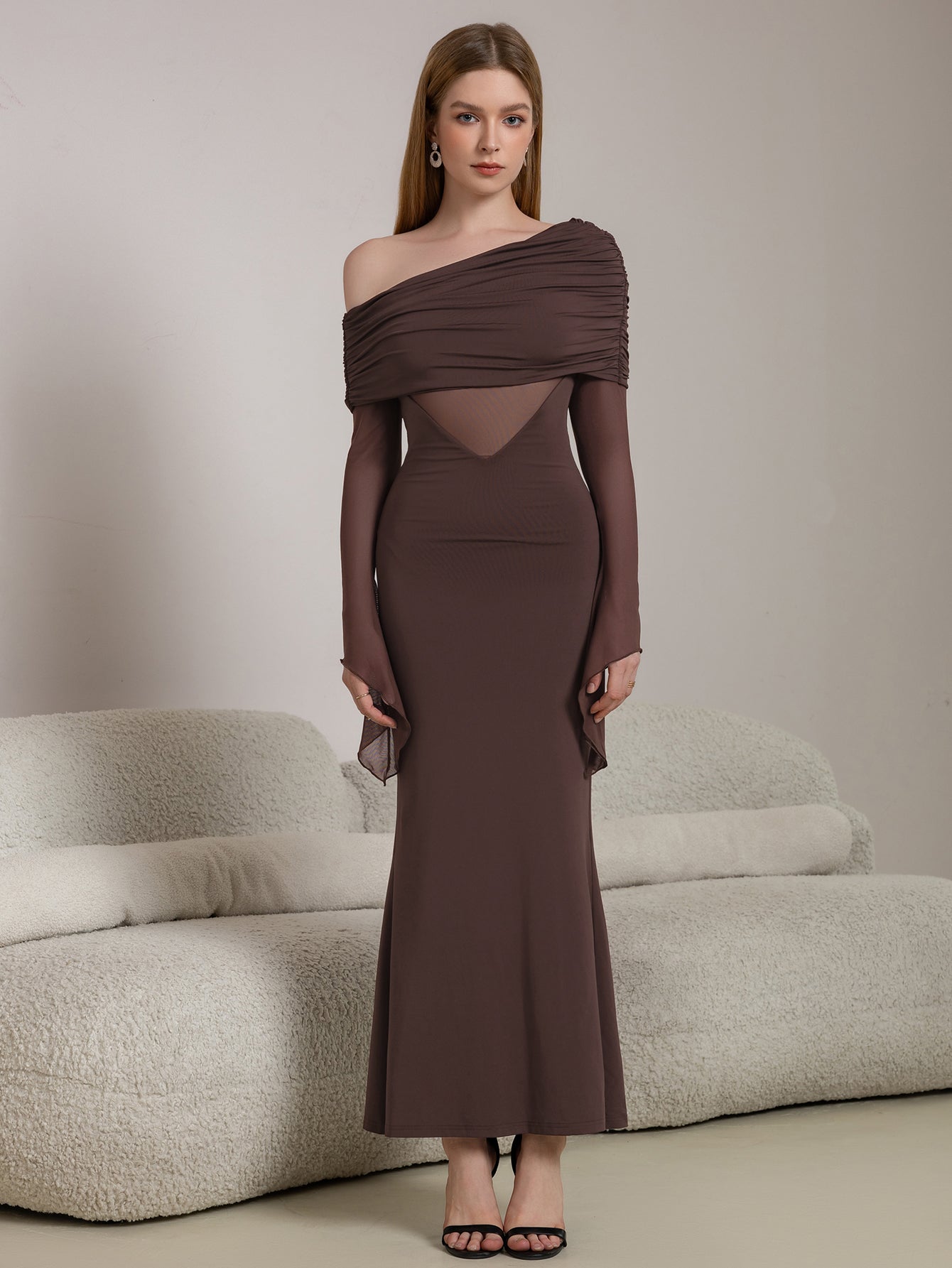 One Shoulder Spliced Ruched Trim Mermaid Mesh Dress - View 5