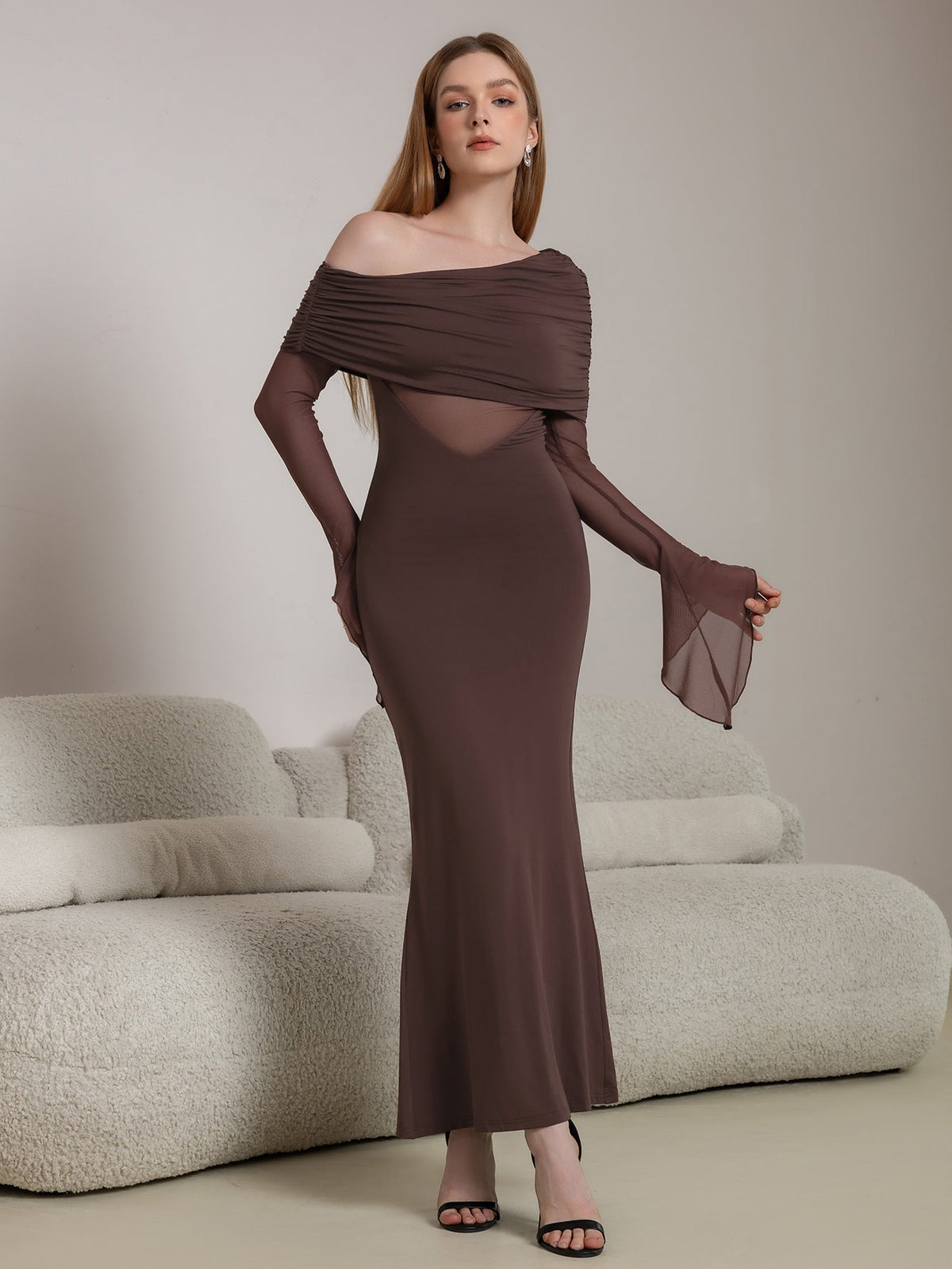 Off Shoulder Ruched Foldover Mesh Flare Sleeve Mermaid Maxi Dress