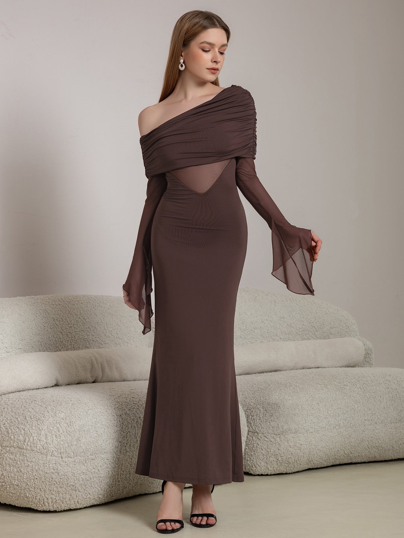 One Shoulder Spliced Ruched Trim Mermaid Mesh Dress - View 4