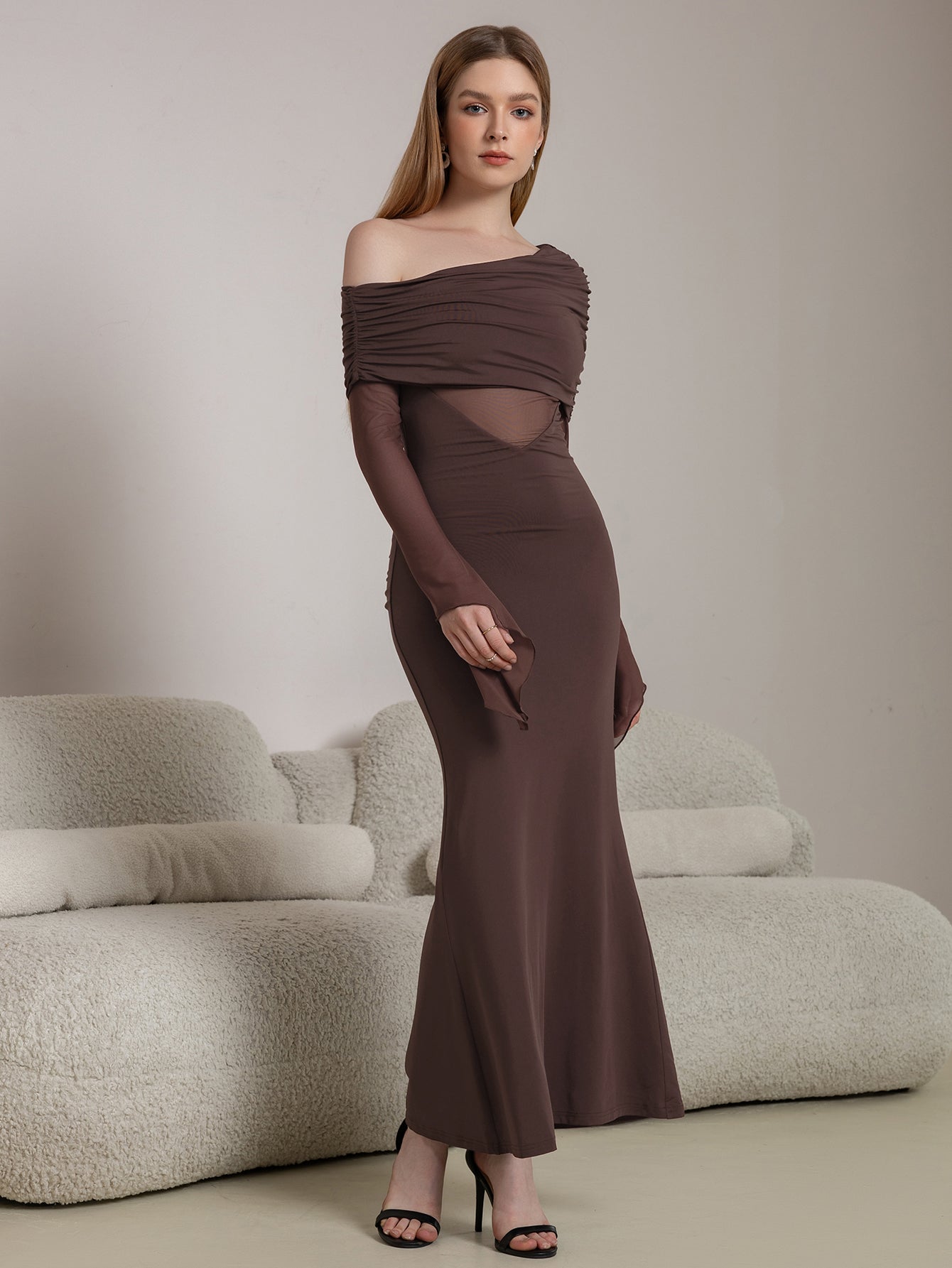One Shoulder Spliced Ruched Trim Mermaid Mesh Dress - View 3
