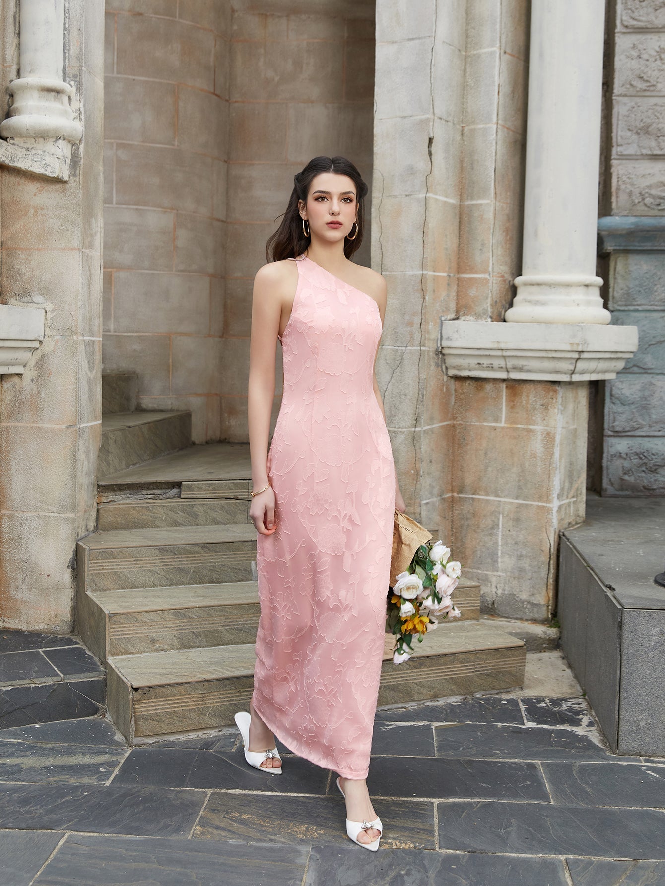 One Shoulder Tie Back Backless Jacquard Long Dress - View 5