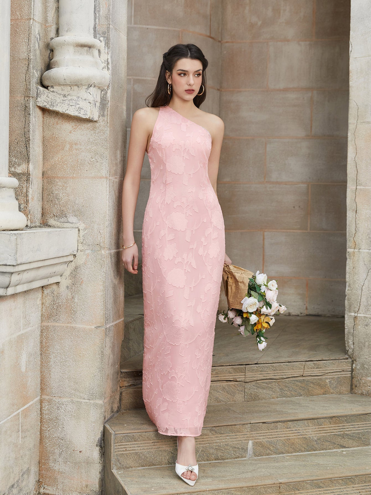 Floral Jacquard One Shoulder Sleeveless Column Maxi Dress