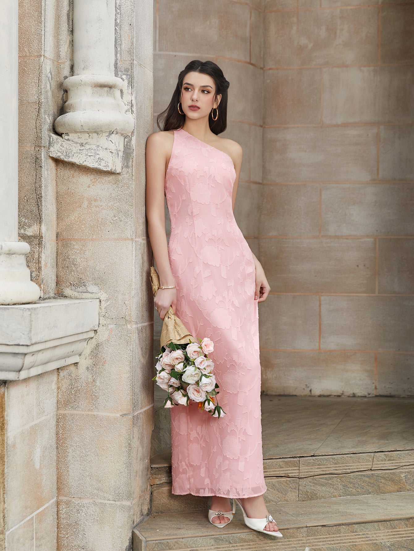 One Shoulder Tie Back Backless Jacquard Long Dress - View 3