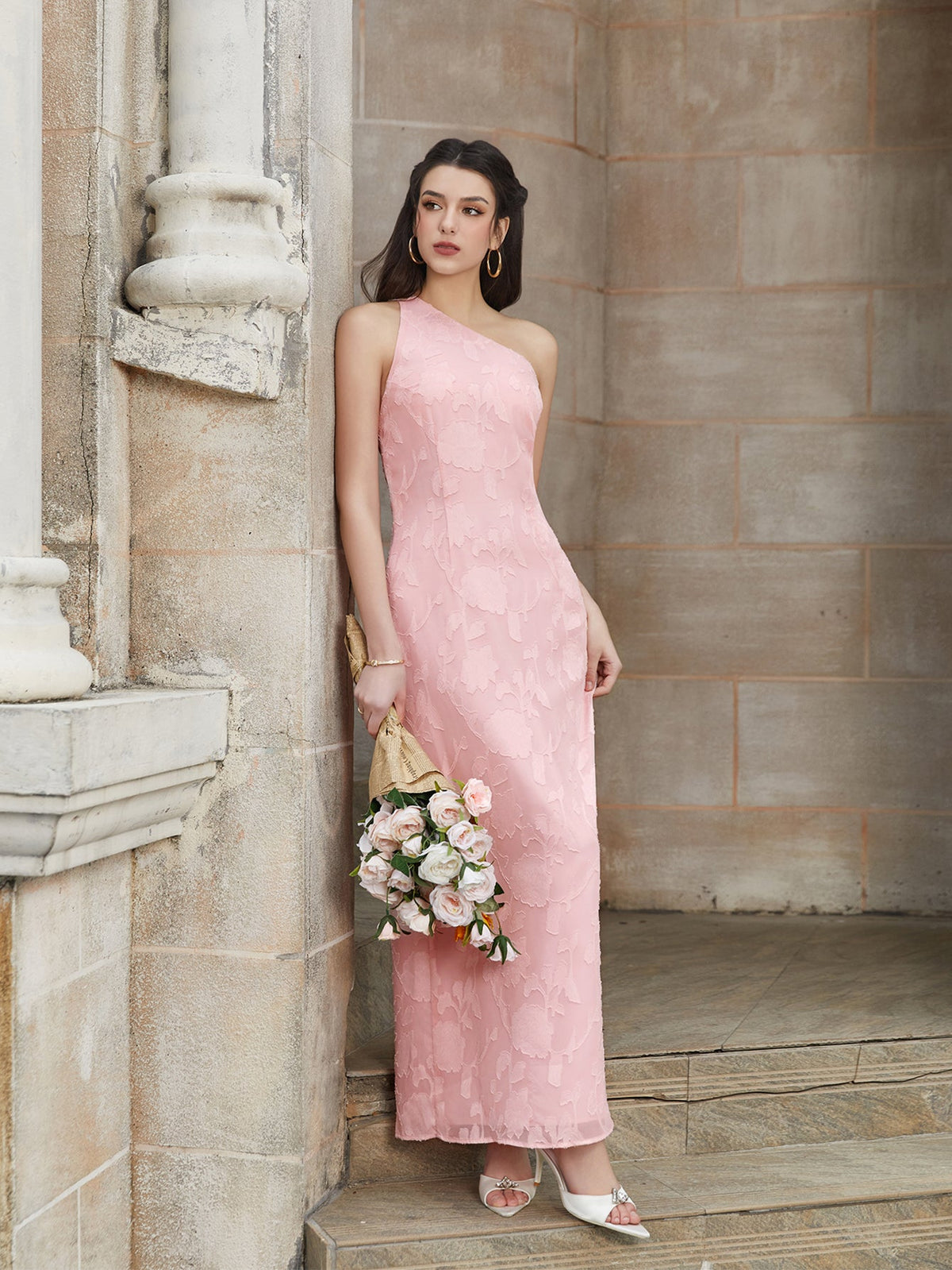 Floral Jacquard One Shoulder Sleeveless Column Maxi Dress 3
