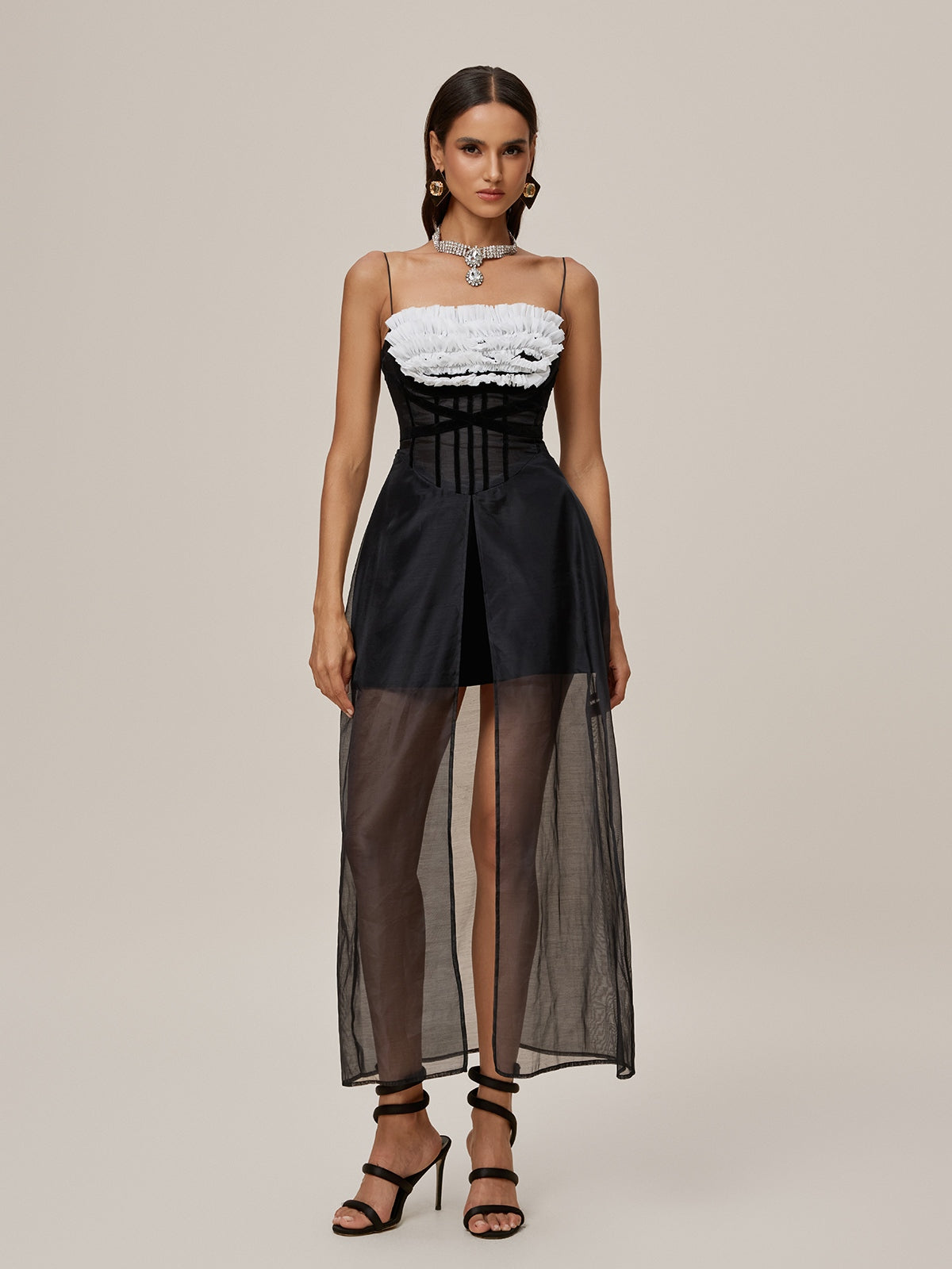 Ruffle Bust Spaghetti Strap Corset Sheer Mesh Overlay Maxi Dress