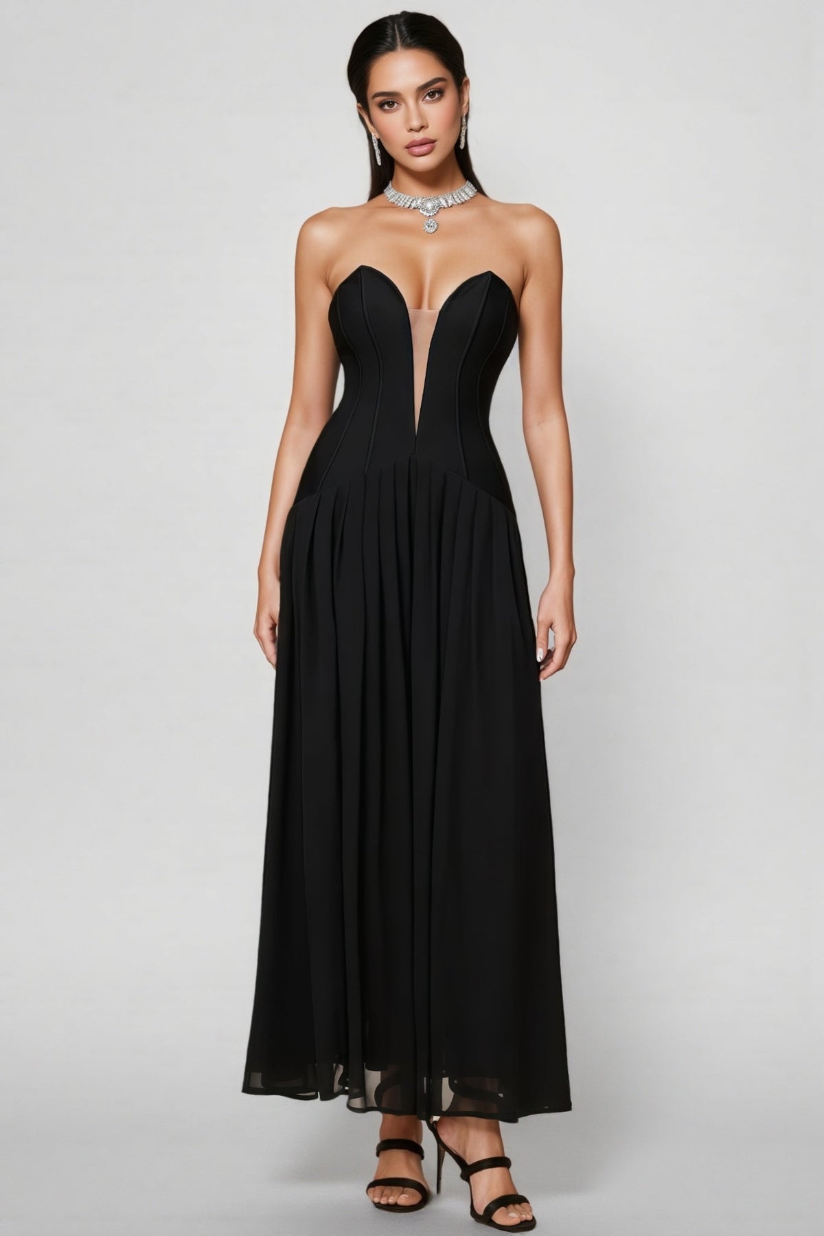 Strapless Plunge Sweetheart Corset Drop Waist Pleated Maxi Dress