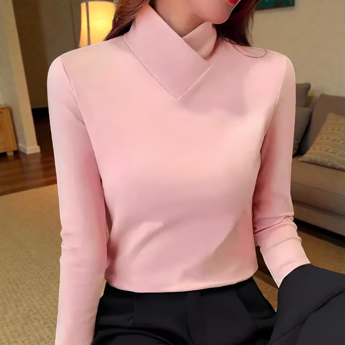 Asymmetric Turtleneck Long Sleeve Slim Top