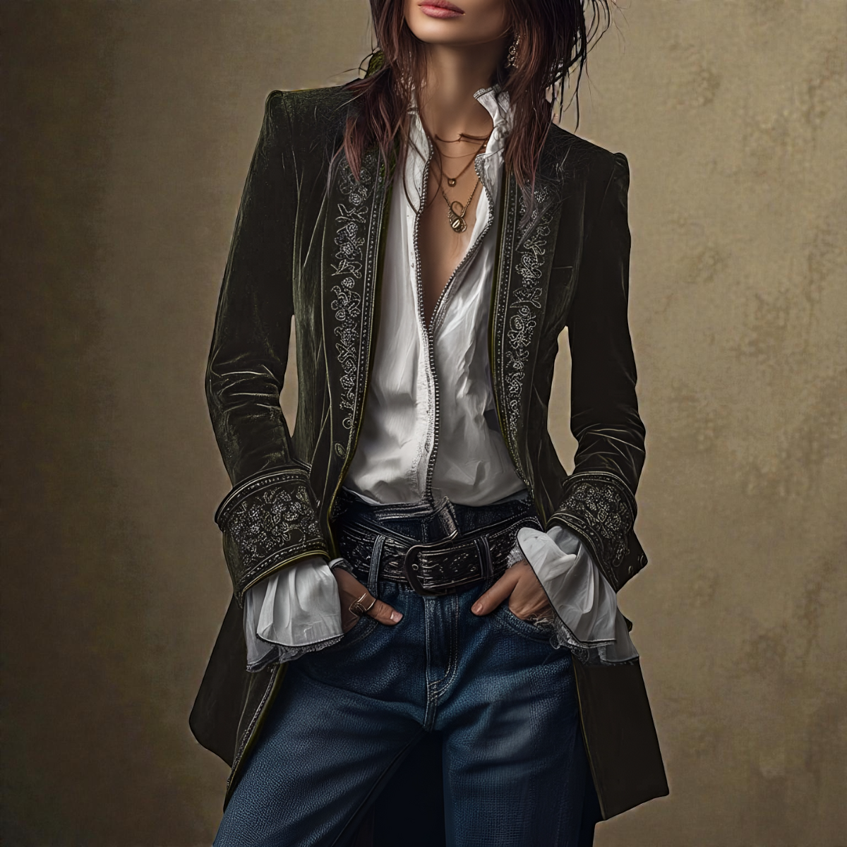 Embroidered Longline Velvet Look Blazer