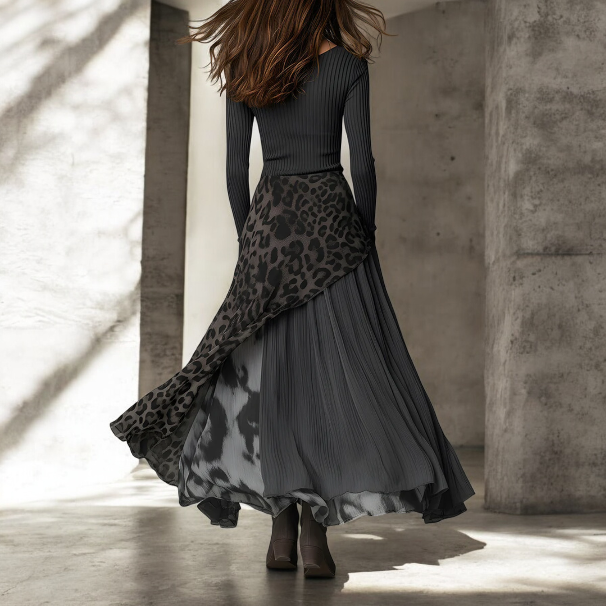 Long Sleeve Ribbed Top and Leopard Print Asymmetric Maxi Skirt Two Piece Set