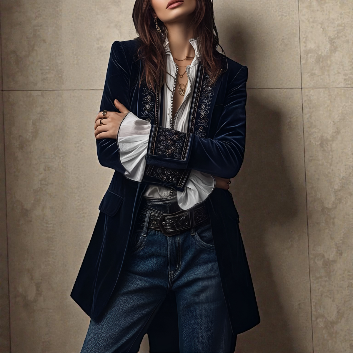 Embroidered Longline Velvet Look Blazer