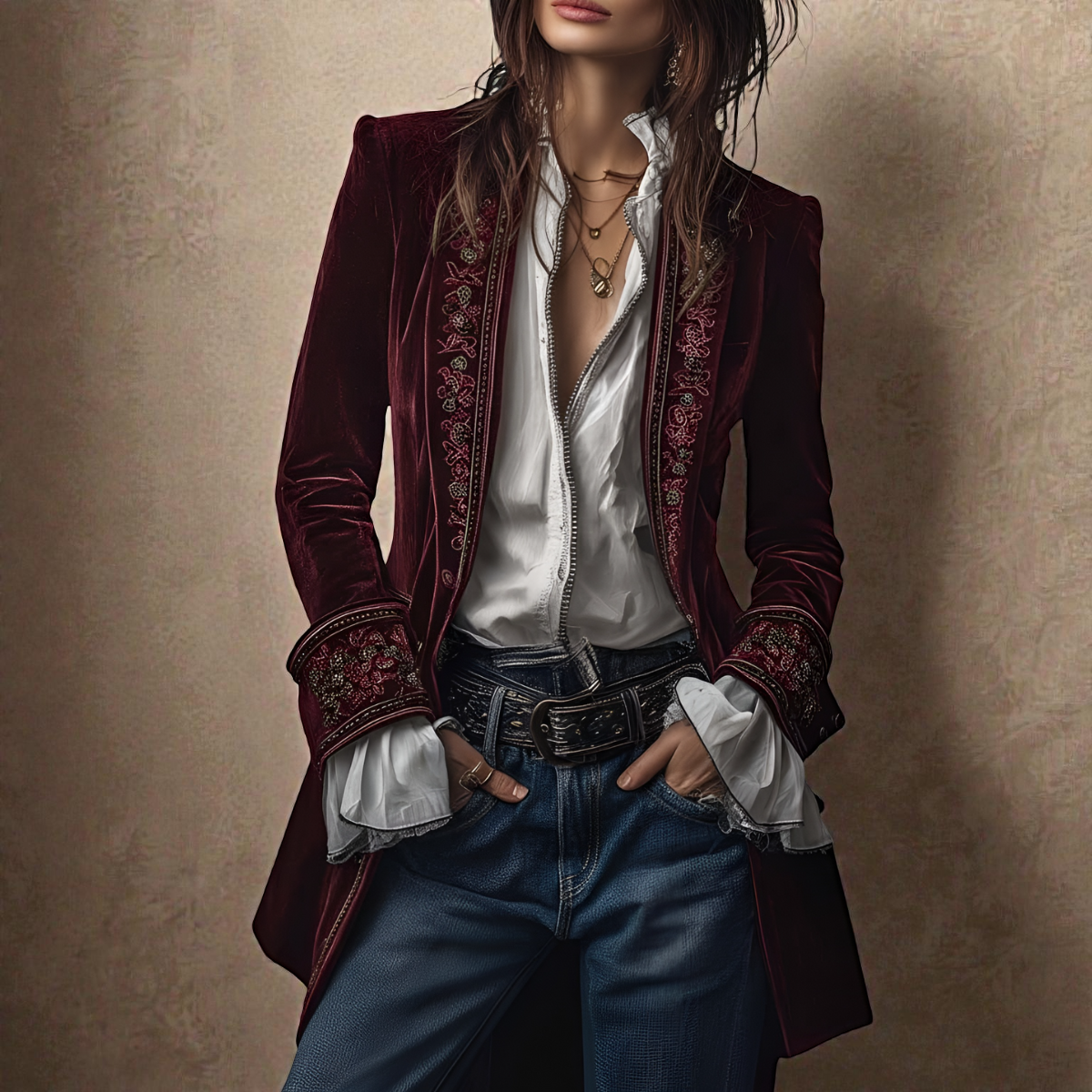 Embroidered Longline Velvet Look Blazer