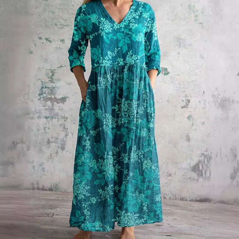 Floral V-Neck Three Quarter Sleeve Pocket Maxi Dress