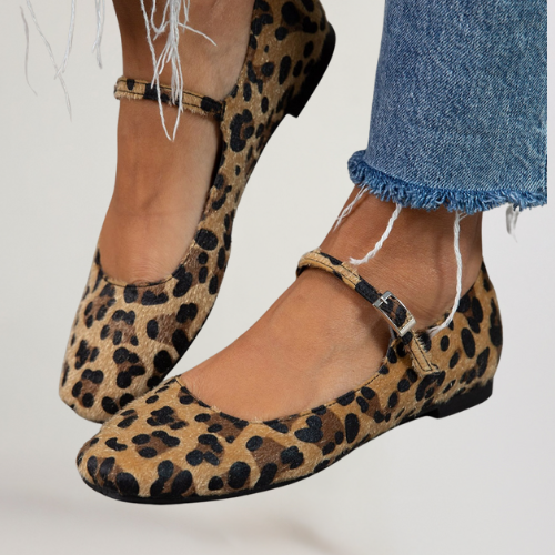 Leopard Print Round Toe Ankle Strap Ballet Flats