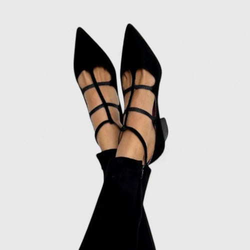 Pointed Toe Caged Strap Low Block Heel Flats