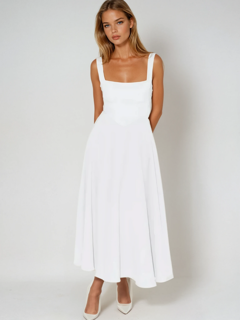 Trinity - Elegant Solid Sleeveless A-Line Midi Dress White