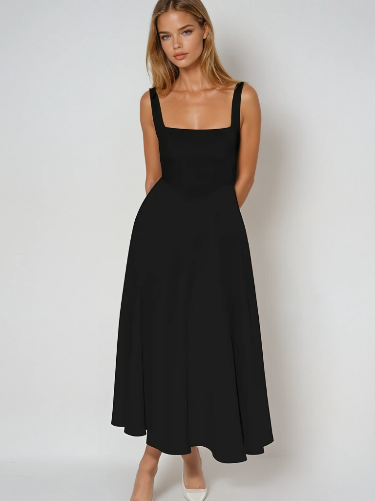 Trinity - Elegant Solid Sleeveless A-Line Midi Dress Black