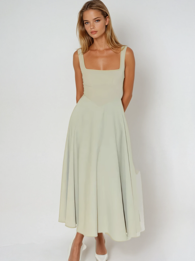 Trinity - Elegant Solid Sleeveless A-Line Midi Dress Sage