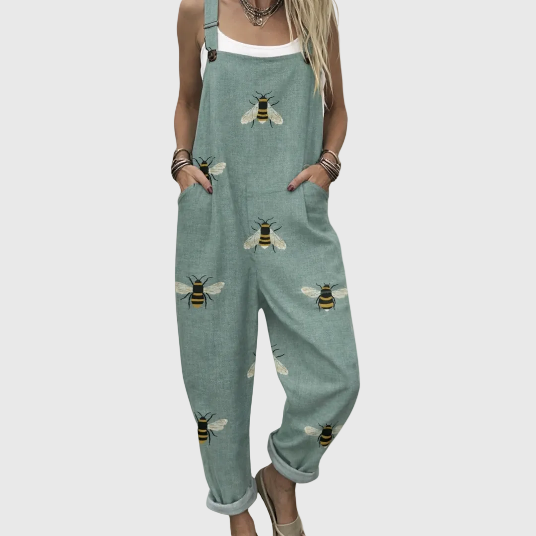 Bee Print Sleeveless Pocket Dungaree Jumpsuit