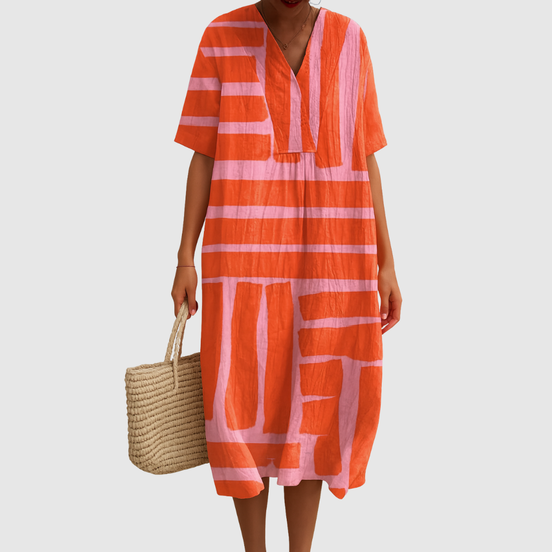 Abstract Stripe Print Split Neck Midi Dress