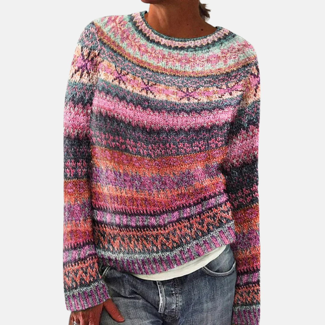 Crew Neck Long Sleeve Fair Isle Striped Knit Sweater
