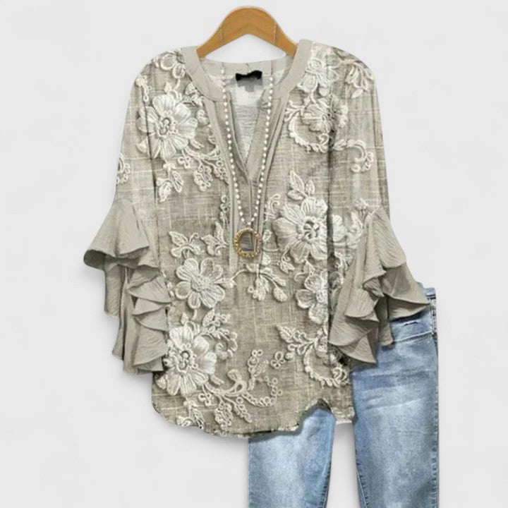 Floral Print V-Neck Ruffle Flare Sleeve Blouse