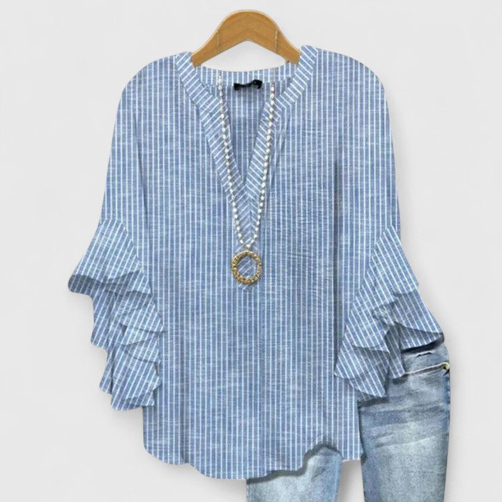 Floral Print V-Neck Ruffle Flare Sleeve Blouse