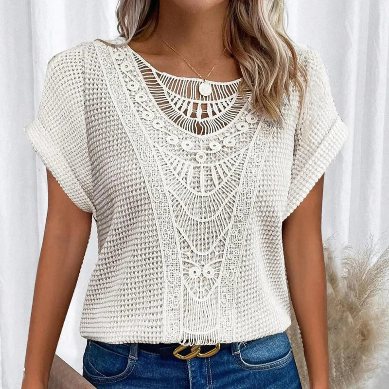 Crochet Lace Panel Short Sleeve Knit Top