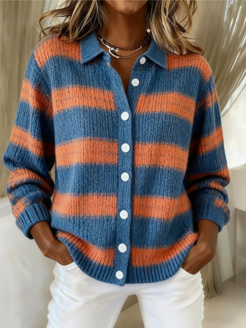 Striped Collared Button Front Knit Cardigan