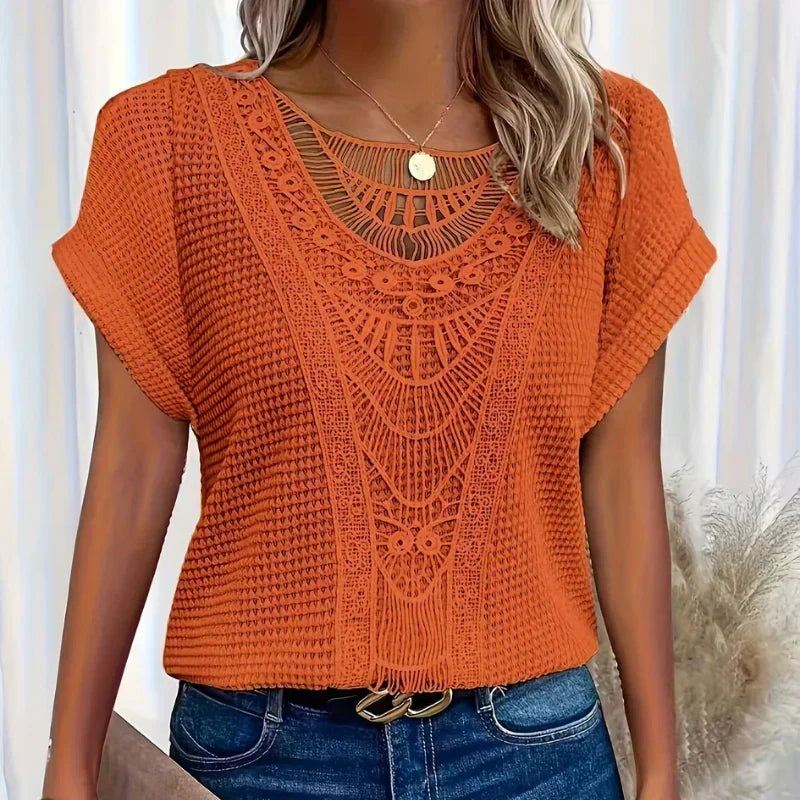 Crochet Lace Panel Short Sleeve Knit Top