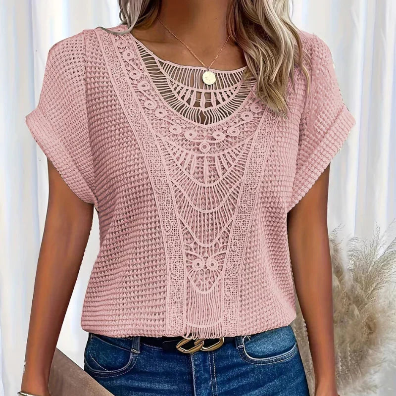 Crochet Lace Panel Short Sleeve Knit Top