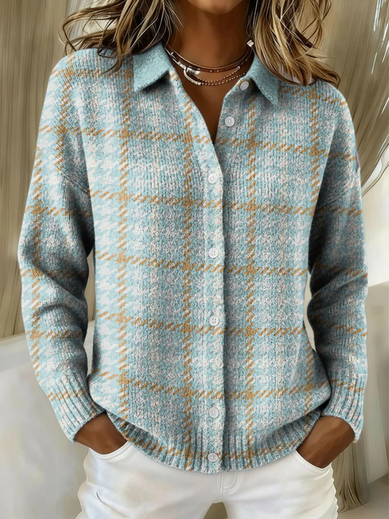 Houndstooth Collared Button Front Long Sleeve Knit Cardigan