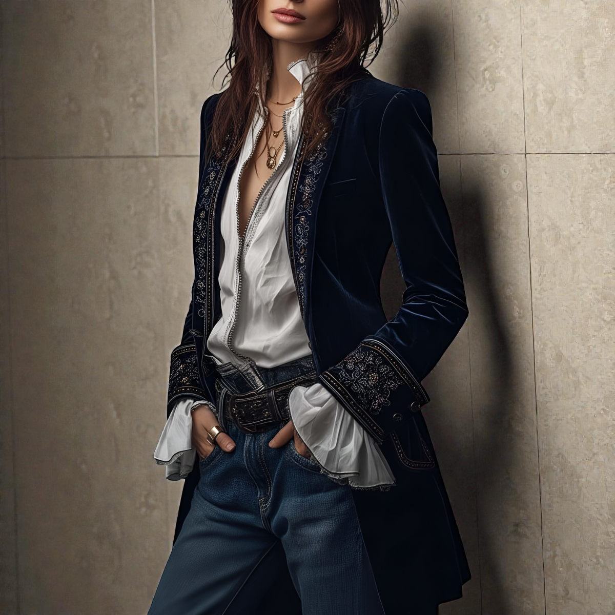 Embroidered Longline Velvet Look Blazer